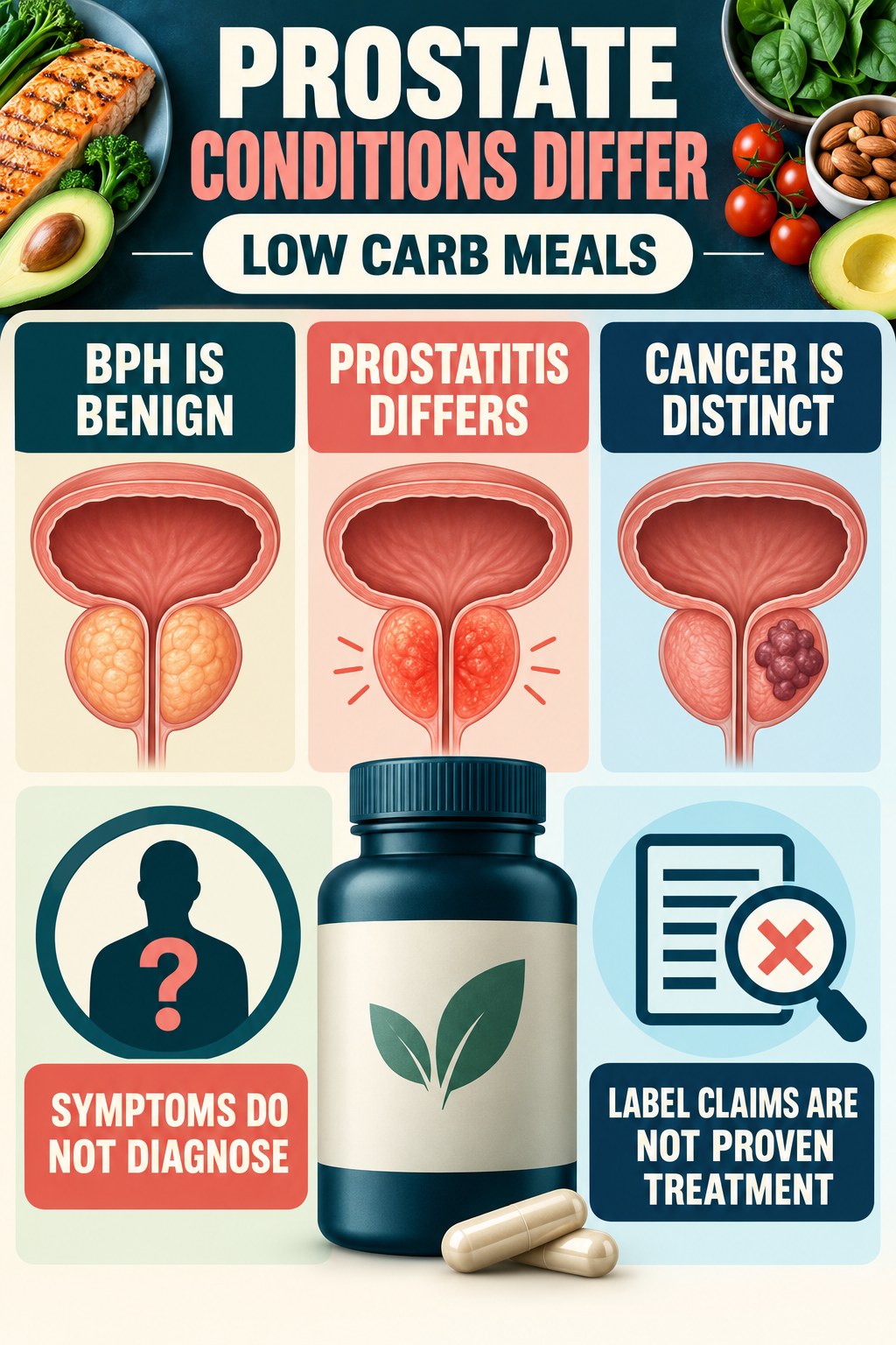 Keep BPH, Prostatitis, and Cancer Distinct prostate supplement label-literacy infographic for Low Carb Meals with four careful reading points.