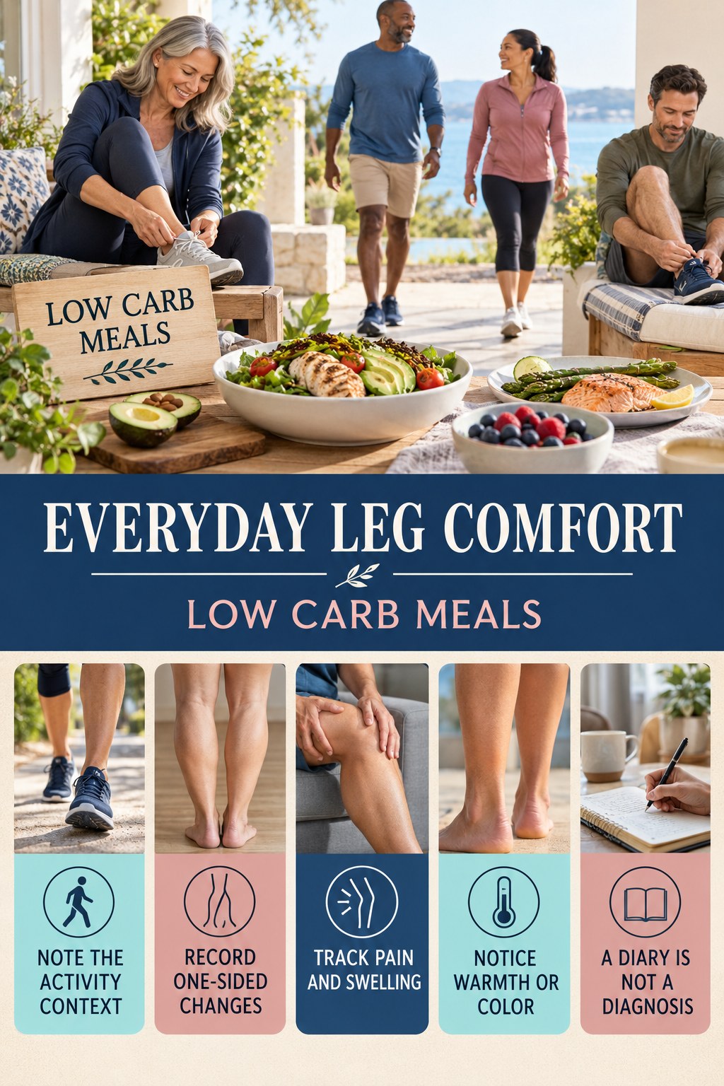 Leg Comfort Pattern Tracker infographic for Low Carb Meals with five gentle movement, position, footwear, recovery, or safety actions.