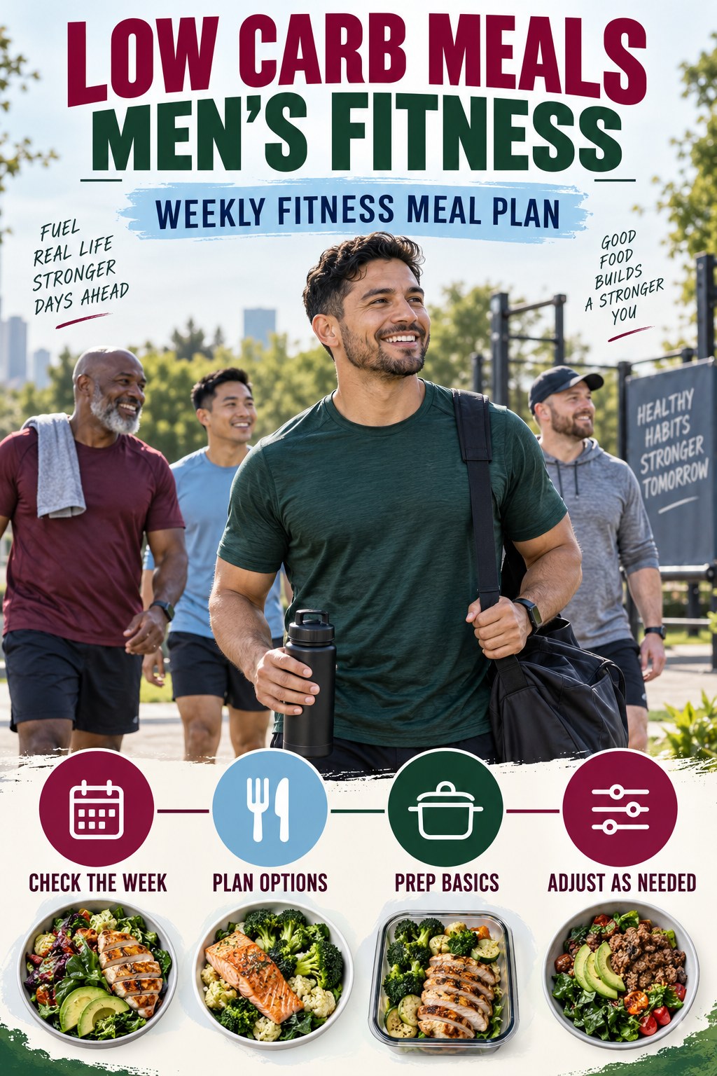 Low Carb Meals men’s fitness graphic titled Weekly Fitness Meal Plan with four practical training prompts.