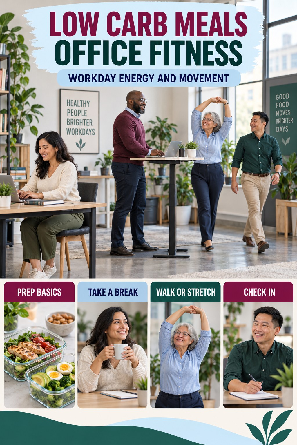 Low Carb Meals office-fitness graphic titled Workday Energy and Movement with four practical workday movement prompts.