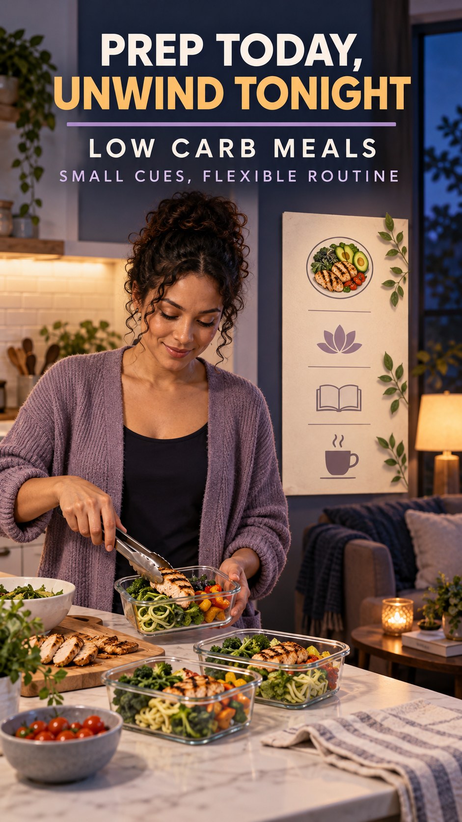 Meal Prep and Sleep Routine infographic for Low Carb Meals, showing a flexible and calming evening wellness routine.