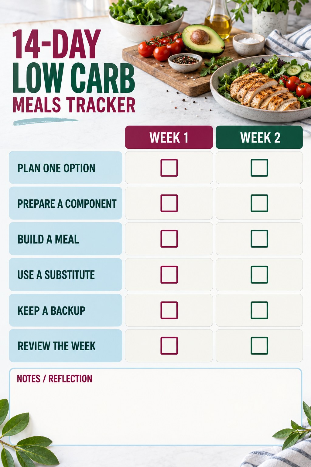 14-Day Low Carb Meals printable-style tracker graphic with six labeled rows, empty checkboxes, and a reflection area.