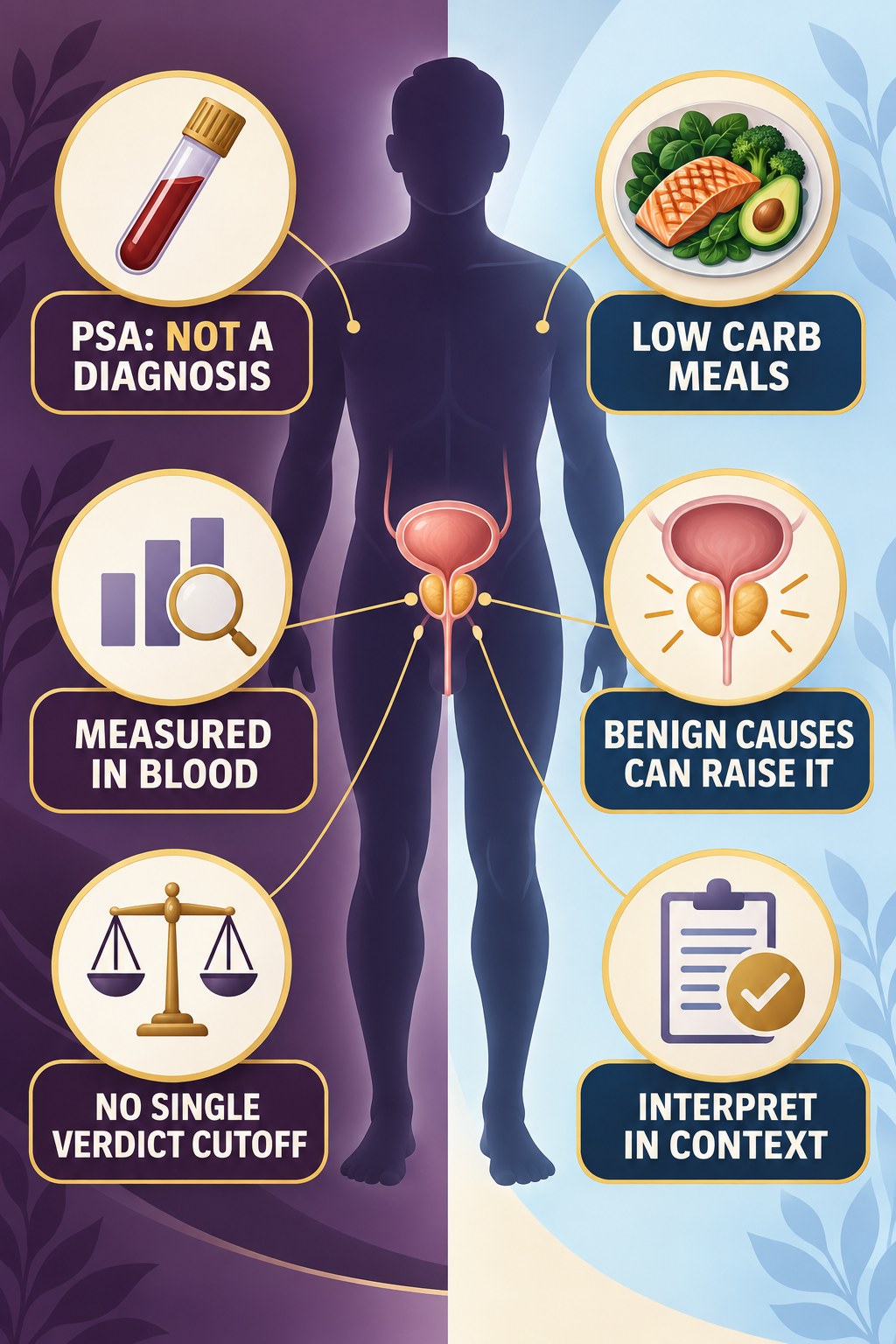 PSA Is a Test, Not a Cancer Verdict infographic for Low Carb Meals with four concise prostate-health awareness points.