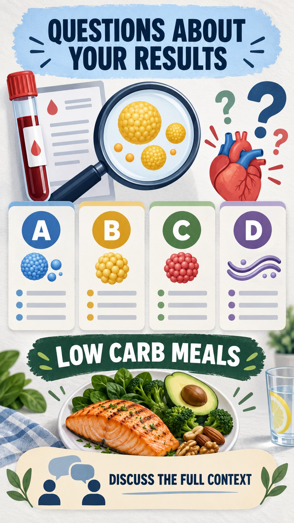 Questions for Your Clinician infographic for Low Carb Meals, using a non-numerical educational lipid-panel layout with question and context icons.