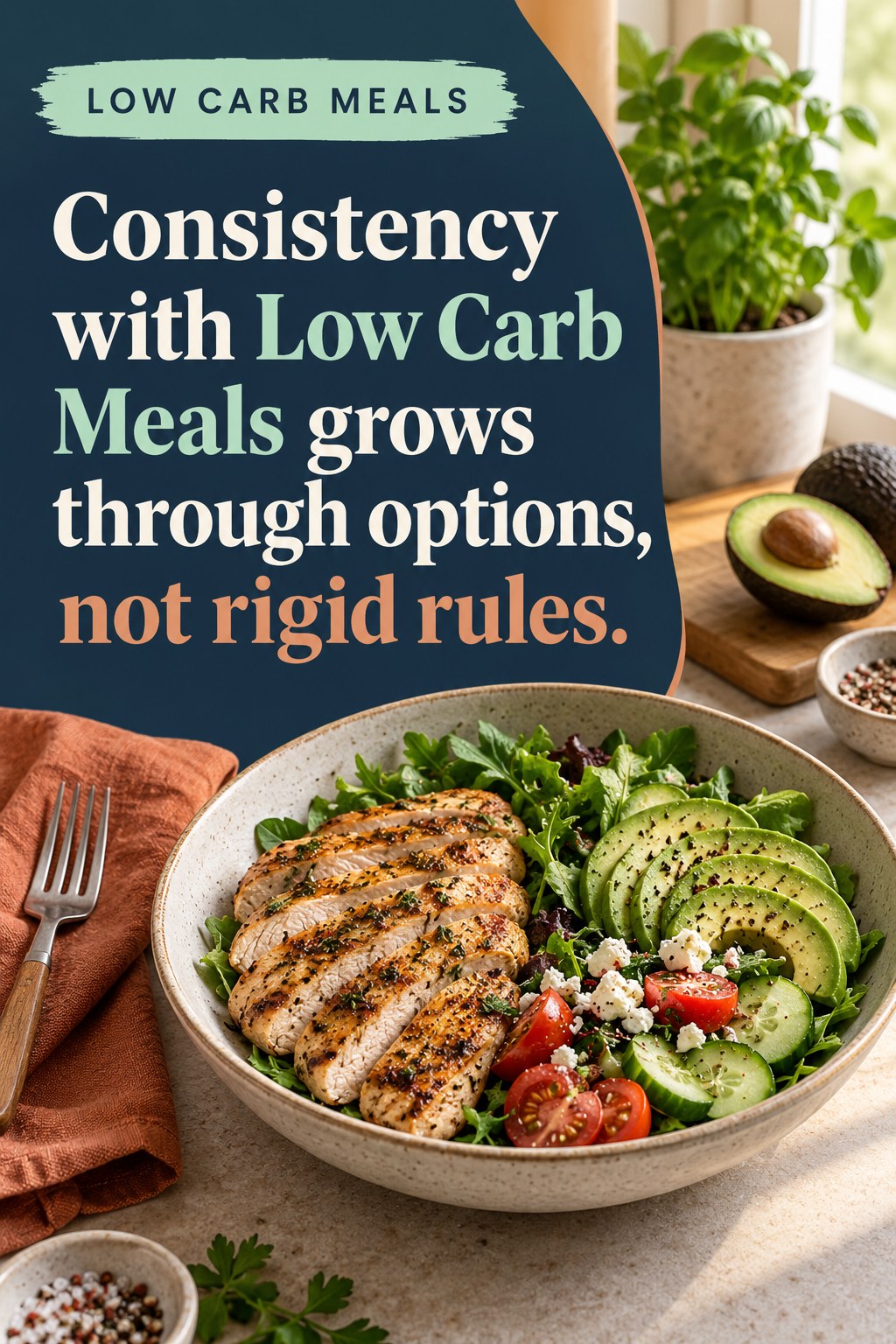 Original Low Carb Meals quote graphic reading “Consistency with Low Carb Meals grows through options, not rigid rules.” in a board-relevant editorial design.
