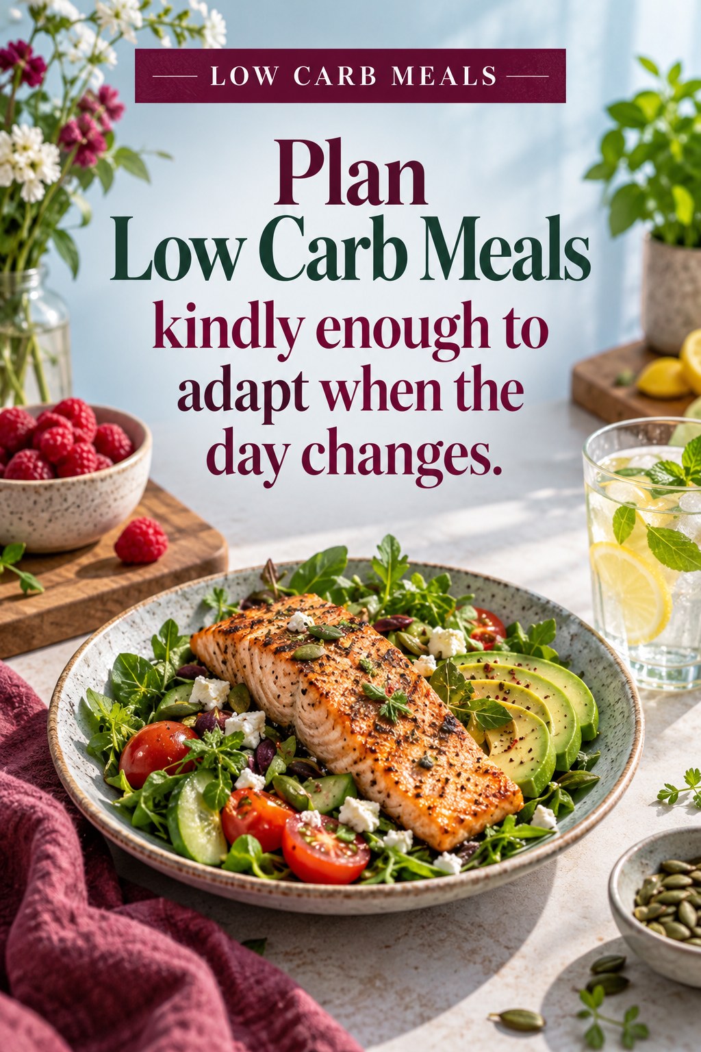 Original Low Carb Meals quote graphic reading “Plan Low Carb Meals kindly enough to adapt when the day changes.” in a board-relevant editorial design.