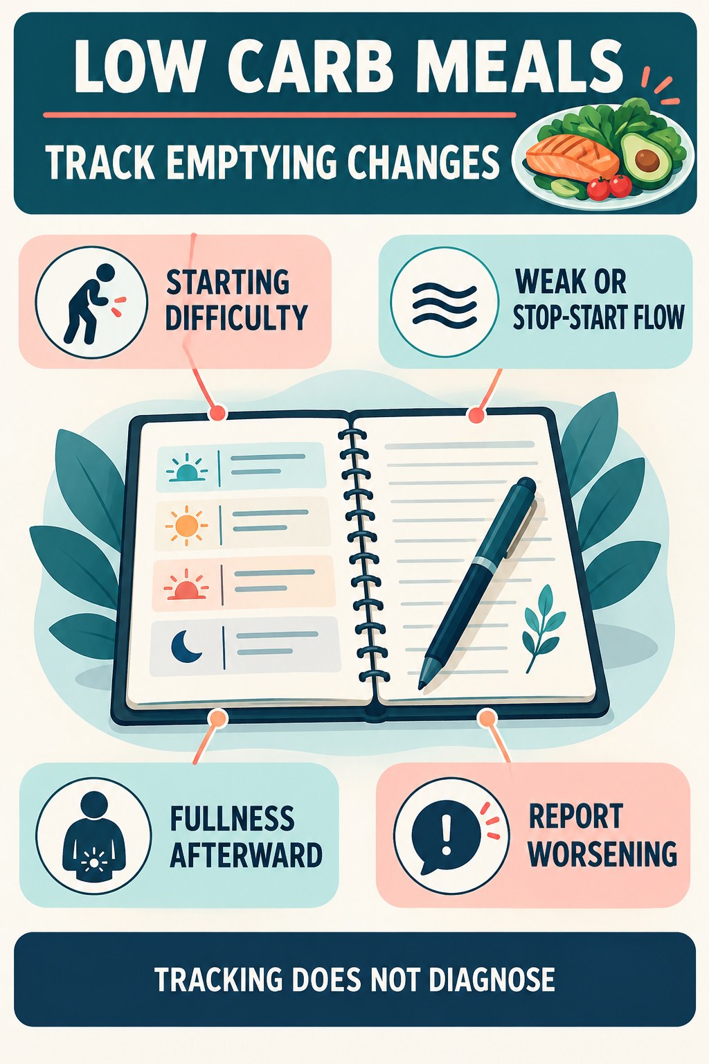 Record Stream and Emptying Changes urinary symptom tracking infographic for Low Carb Meals with four practical diary points and a non-diagnostic reminder.