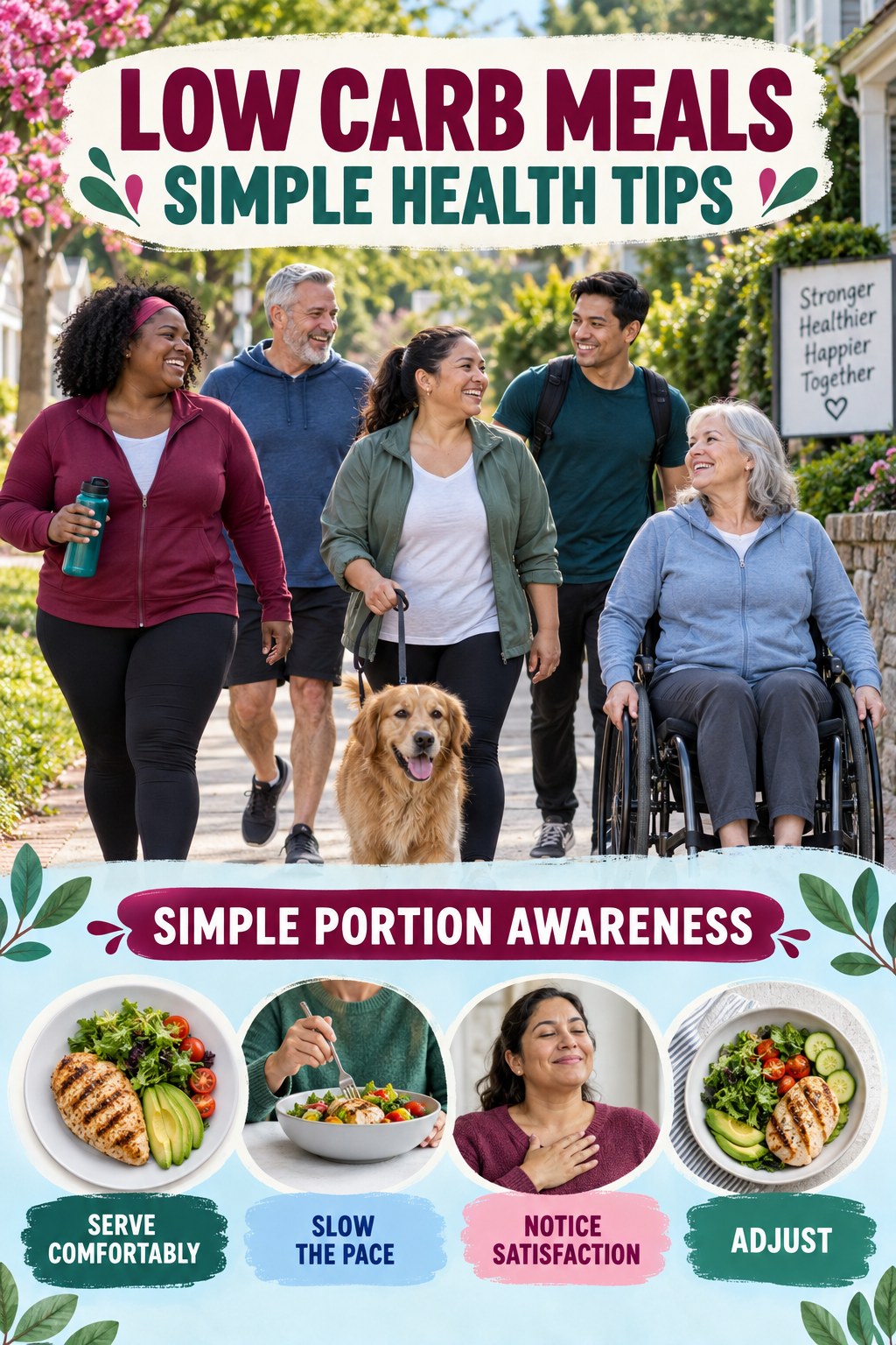 Low Carb Meals simple-health graphic titled Simple Portion Awareness with four practical wellness prompts.