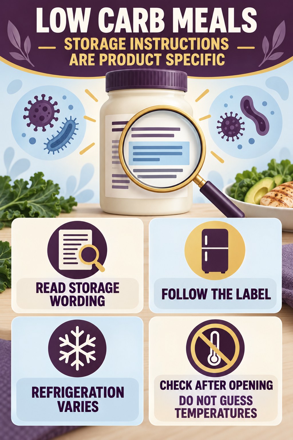 Storage Instructions Are Product Specific infographic for Low Carb Meals with four concise probiotic-label reading points.