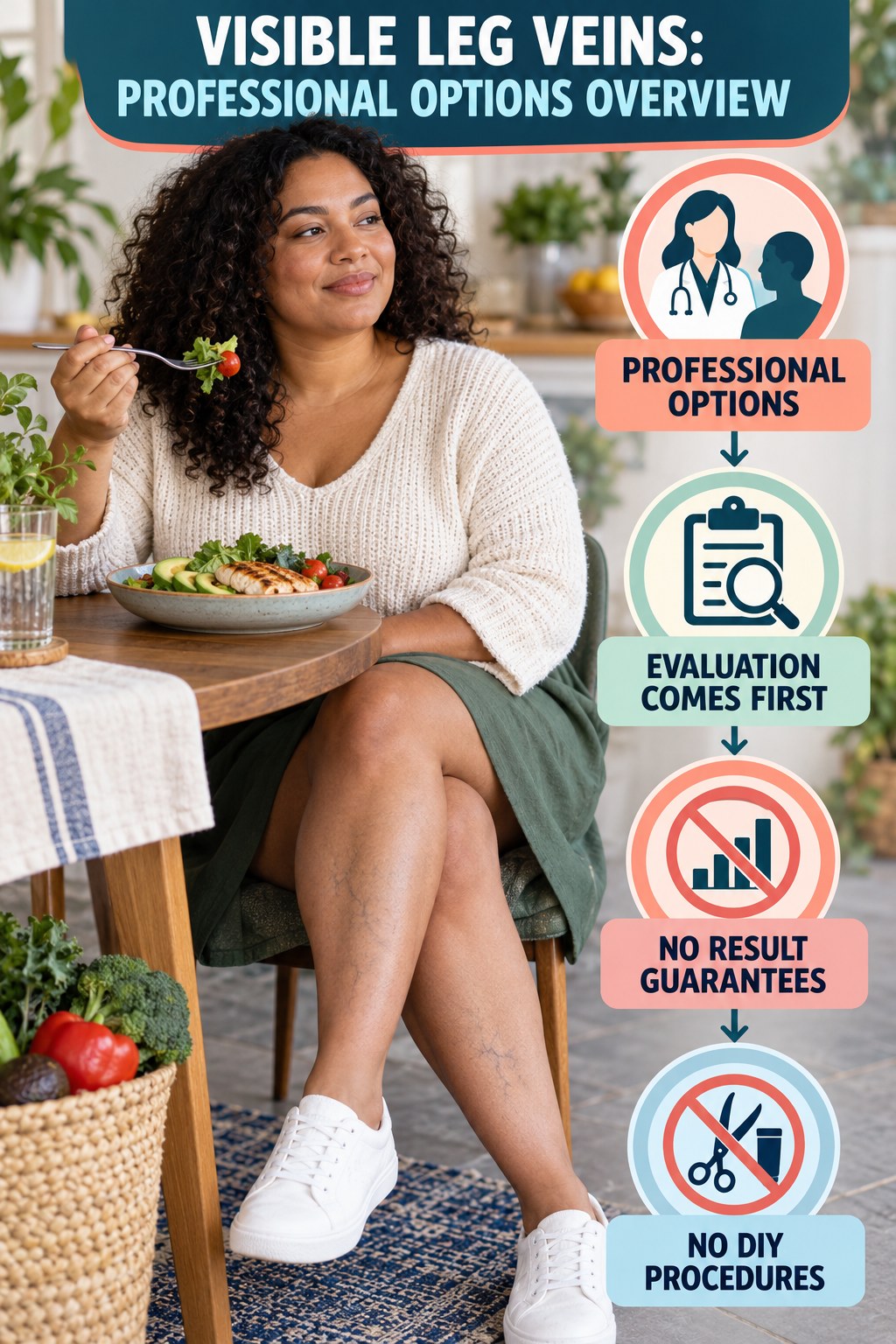 Professional Options Overview infographic for Low Carb Meals, showing body-neutral visible-leg-vein appearance care and the boundary between temporary cosmetic support and treatment.