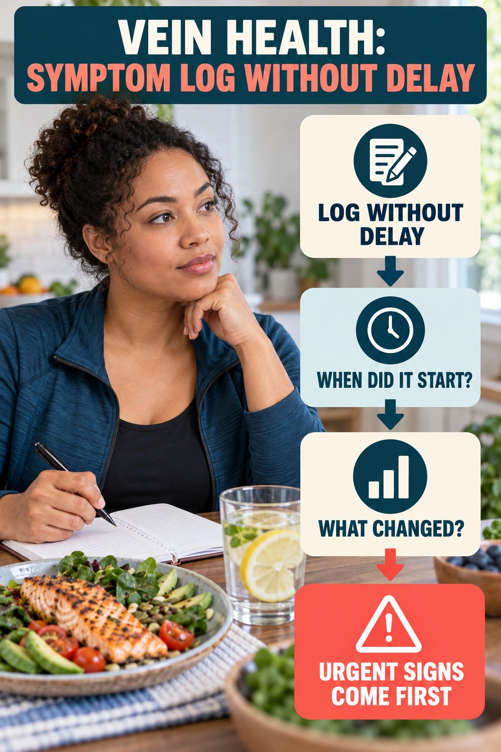 Symptom Log Without Delay infographic for Low Carb Meals, explaining vein-health warning signs and the appropriate next action without diagnosing a condition.