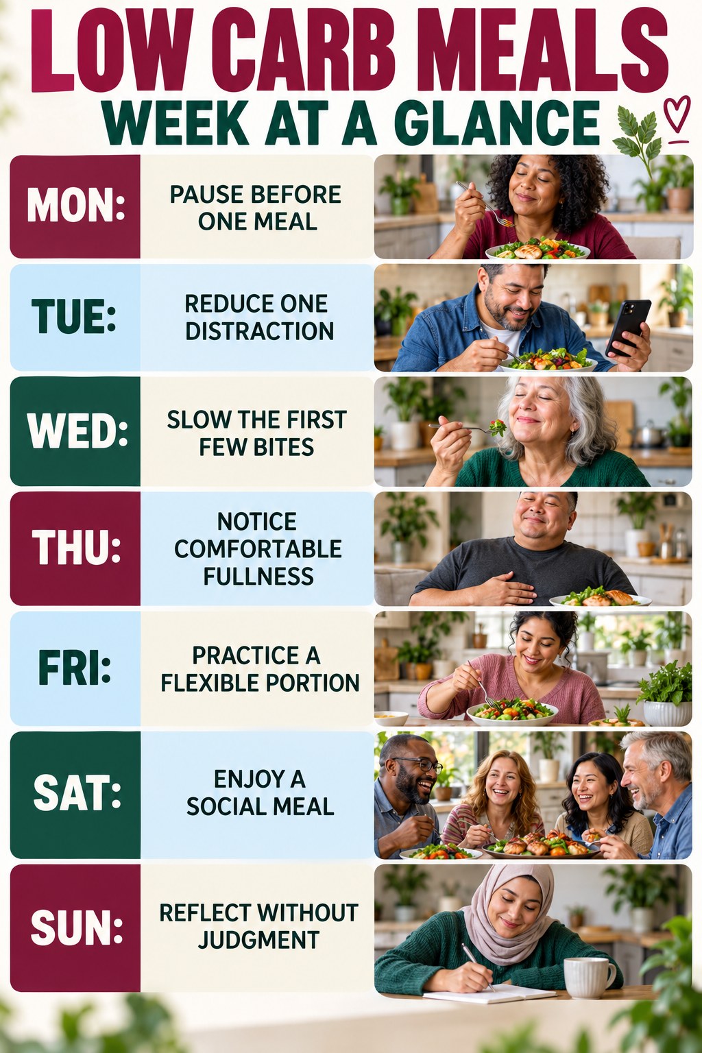 Weekly Low Carb Meals plan graphic with concise Monday-to-Sunday actions and flexible recovery guidance.