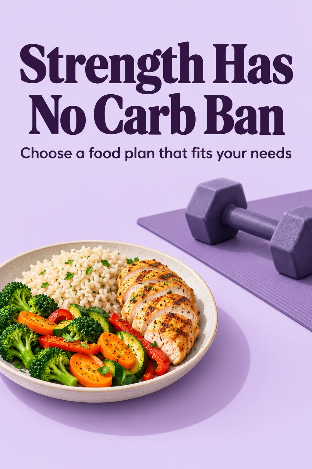 Illustration of bread, rice, vegetables, and a dumbbell in separate areas of a planning scene.