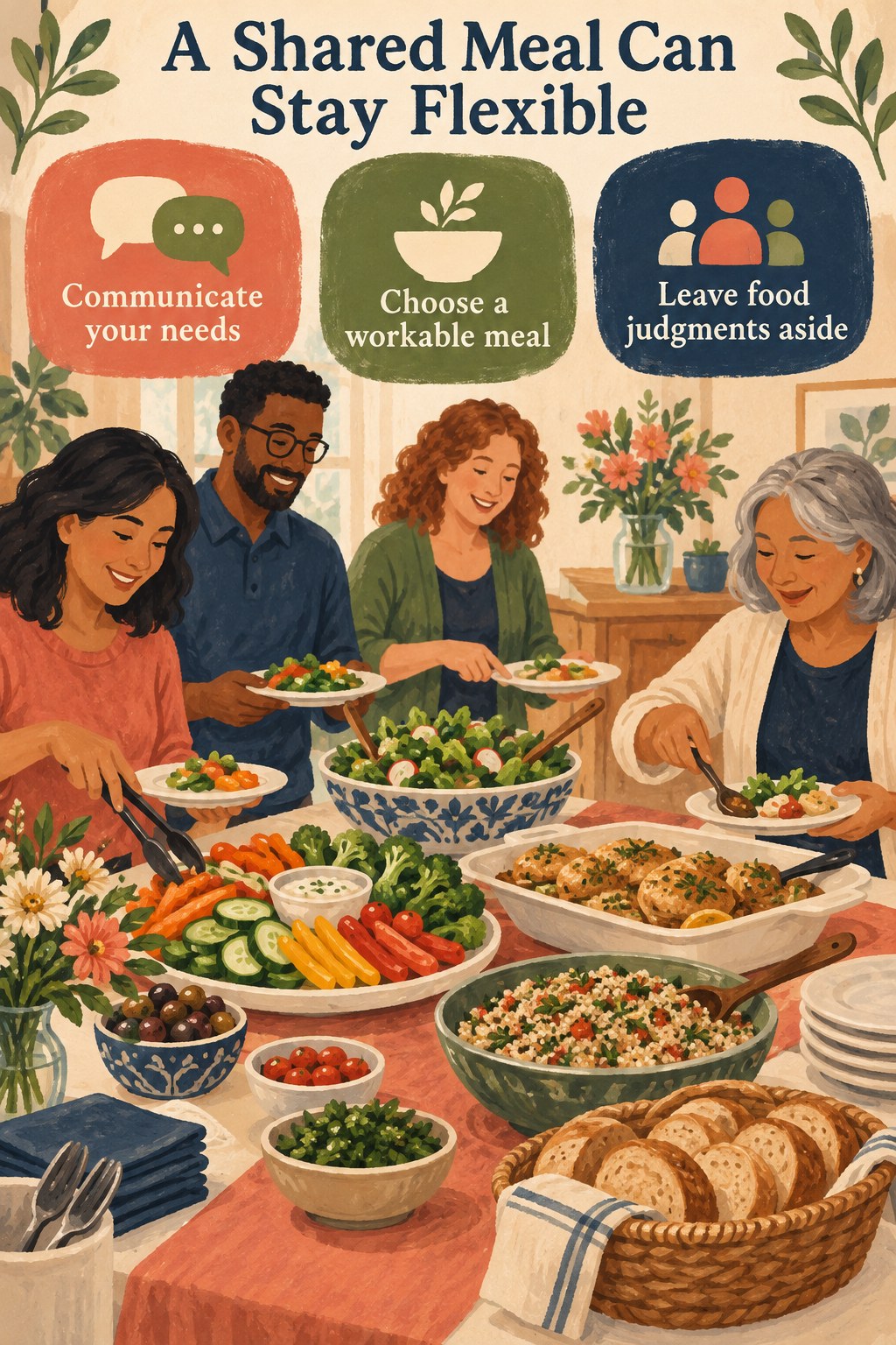 A varied potluck table with salads, bread, and main dishes beneath a headline about flexible shared meals.