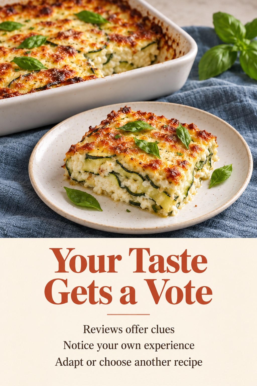 Zucchini and ricotta bake on a plate with a headline encouraging personal preference beyond recipe popularity.