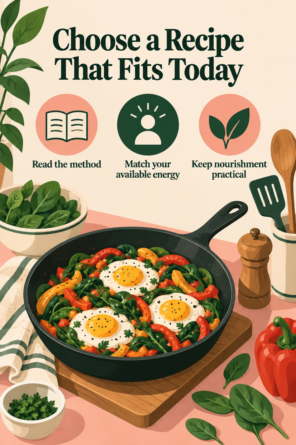 Vegetable and egg skillet with a few everyday cooking tools and a headline about matching a recipe to available energy.