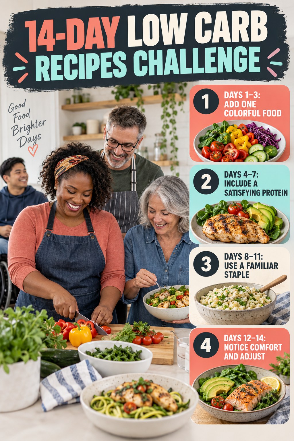 14-day Low Carb Recipes challenge graphic showing four manageable milestones for consistent practice.