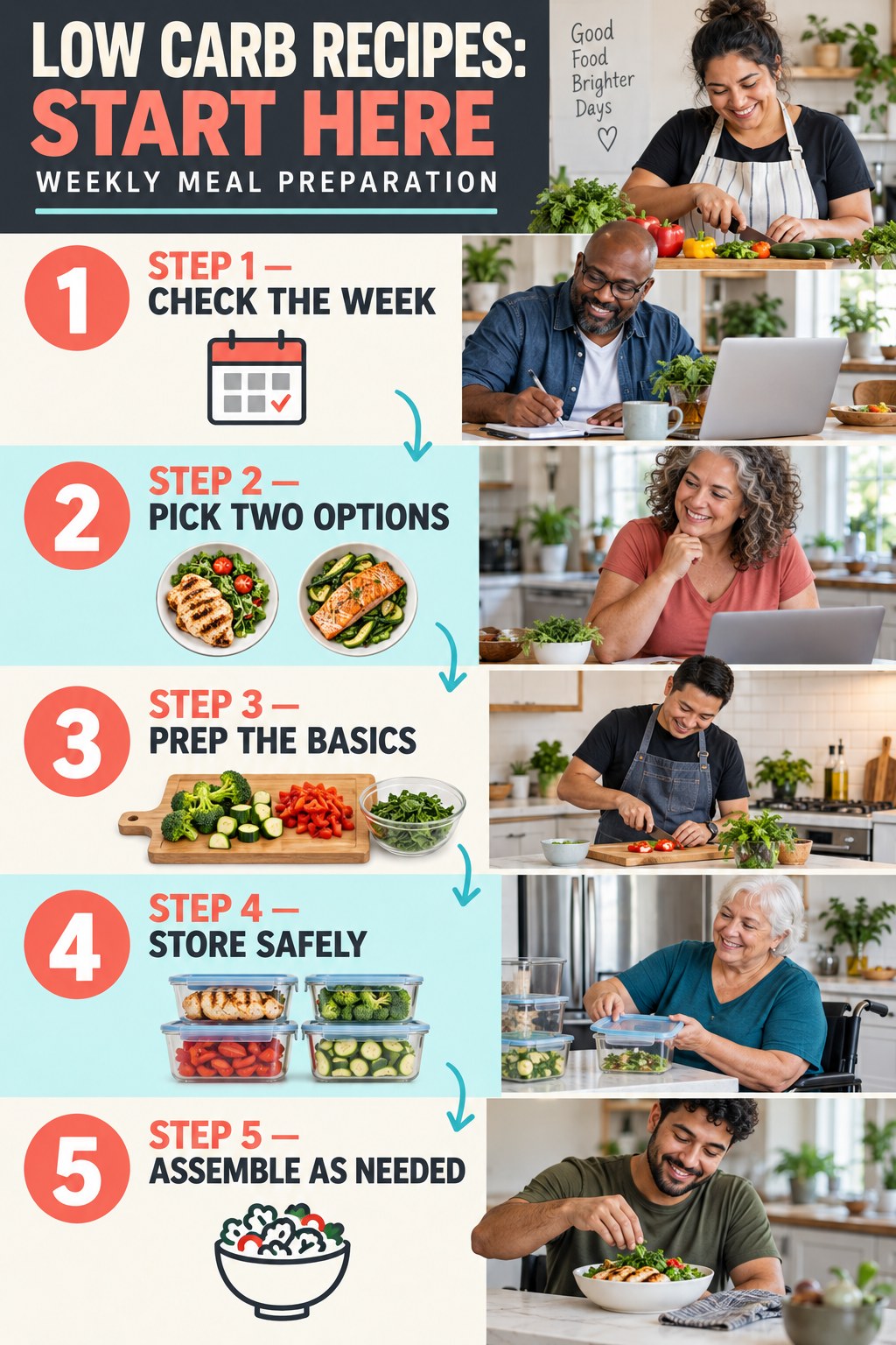 Low Carb Recipes beginner guide graphic showing five manageable stages for weekly meal preparation.