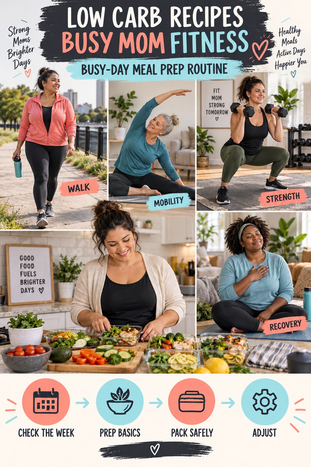 Low Carb Recipes busy-mom fitness graphic titled Busy-Day Meal Prep Routine with four practical movement prompts.