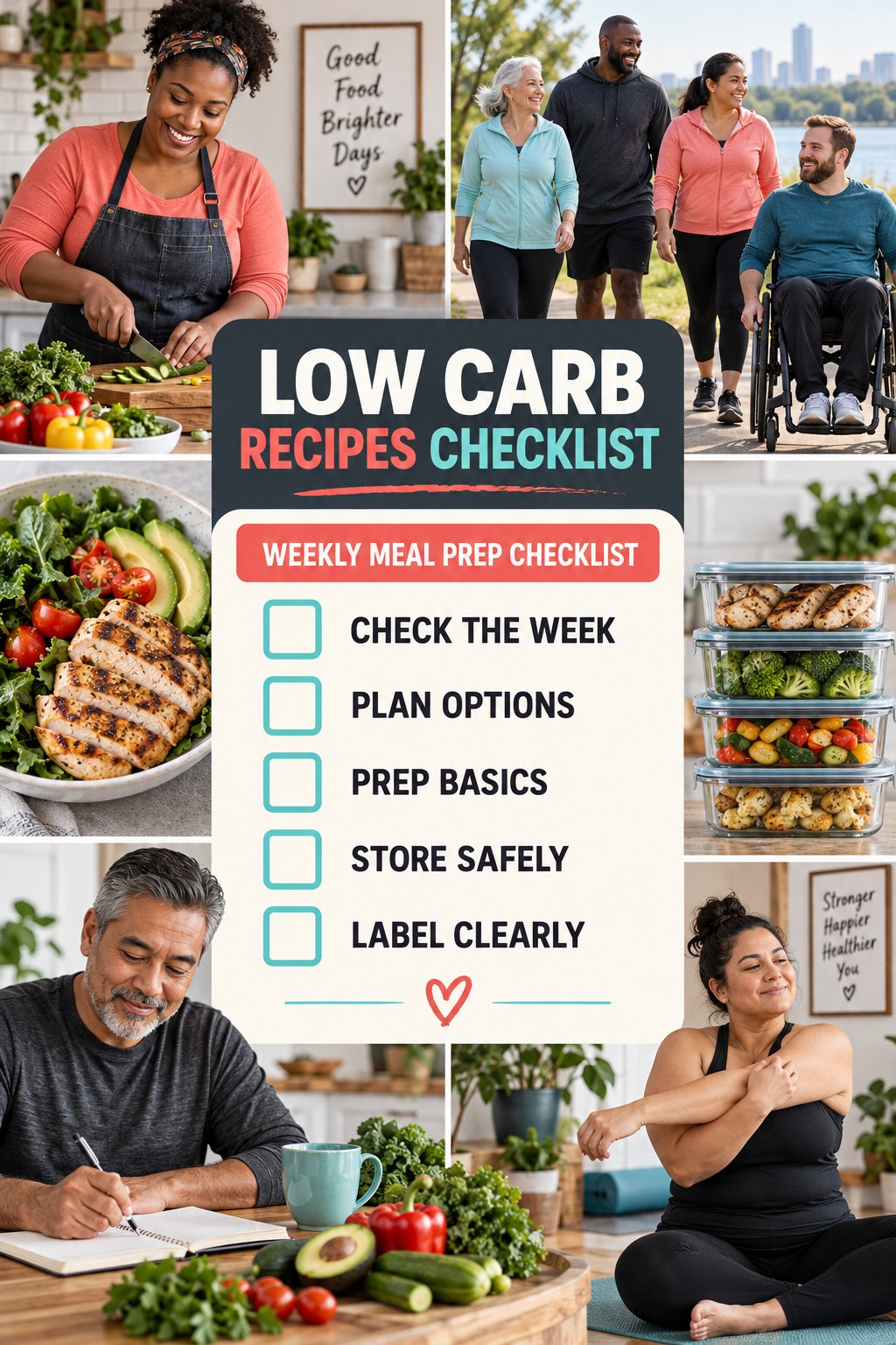 Low Carb Recipes checklist graphic titled Weekly Meal Prep Checklist with five clear practical wellness items.