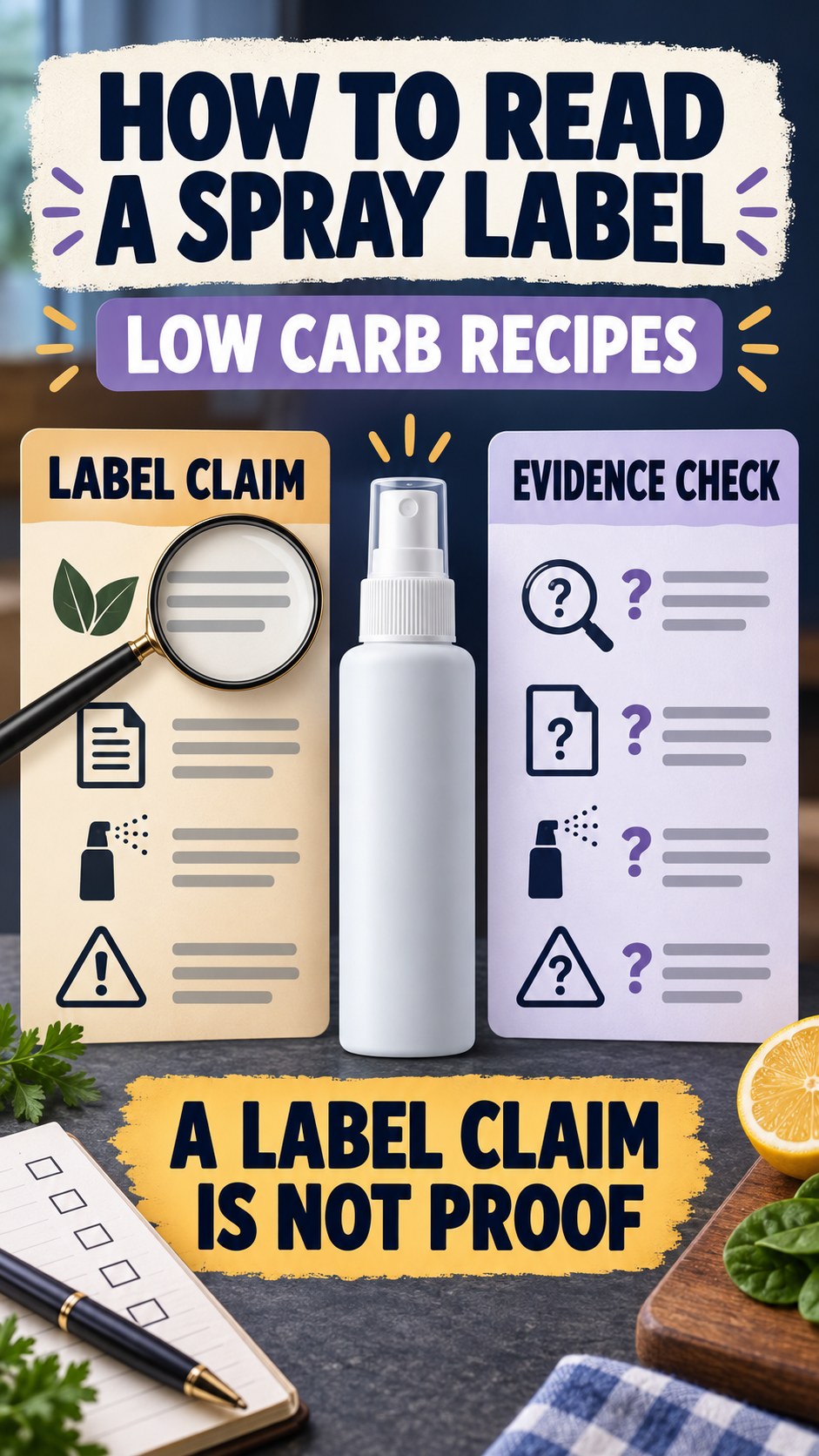 Claim Versus Evidence Review infographic for Low Carb Recipes, showing a generic spray-label checklist that separates available facts, missing details, and evidence questions.