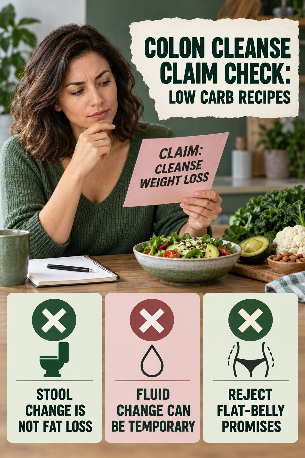Weight-Loss and Flat-Belly Claims infographic for Low Carb Recipes, separating a colon-cleanse marketing claim from evidence, reasonable conclusions, and safety context.