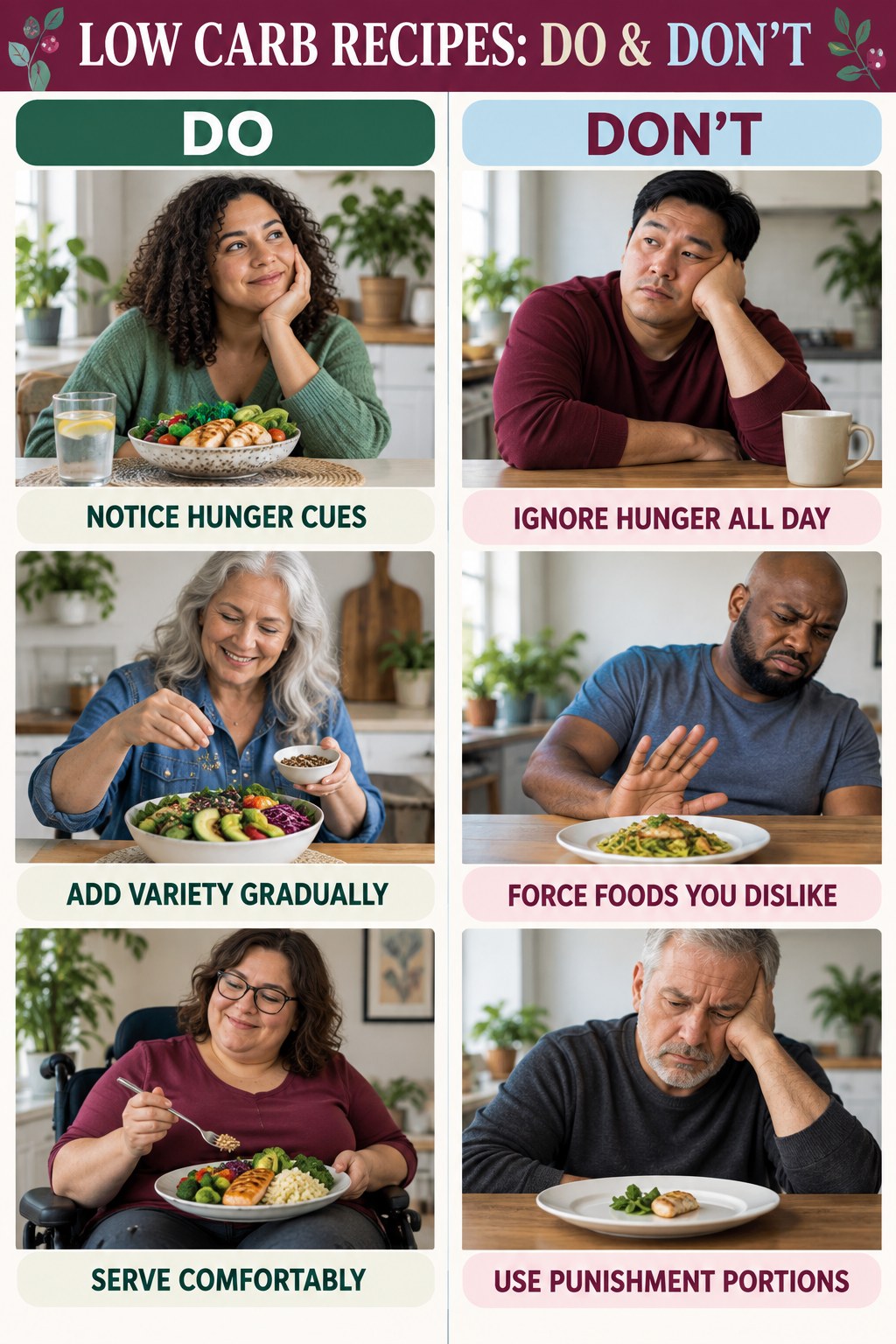 Low Carb Recipes Do and Don’t comparison graphic showing three practical behavior pairs for balanced choices.