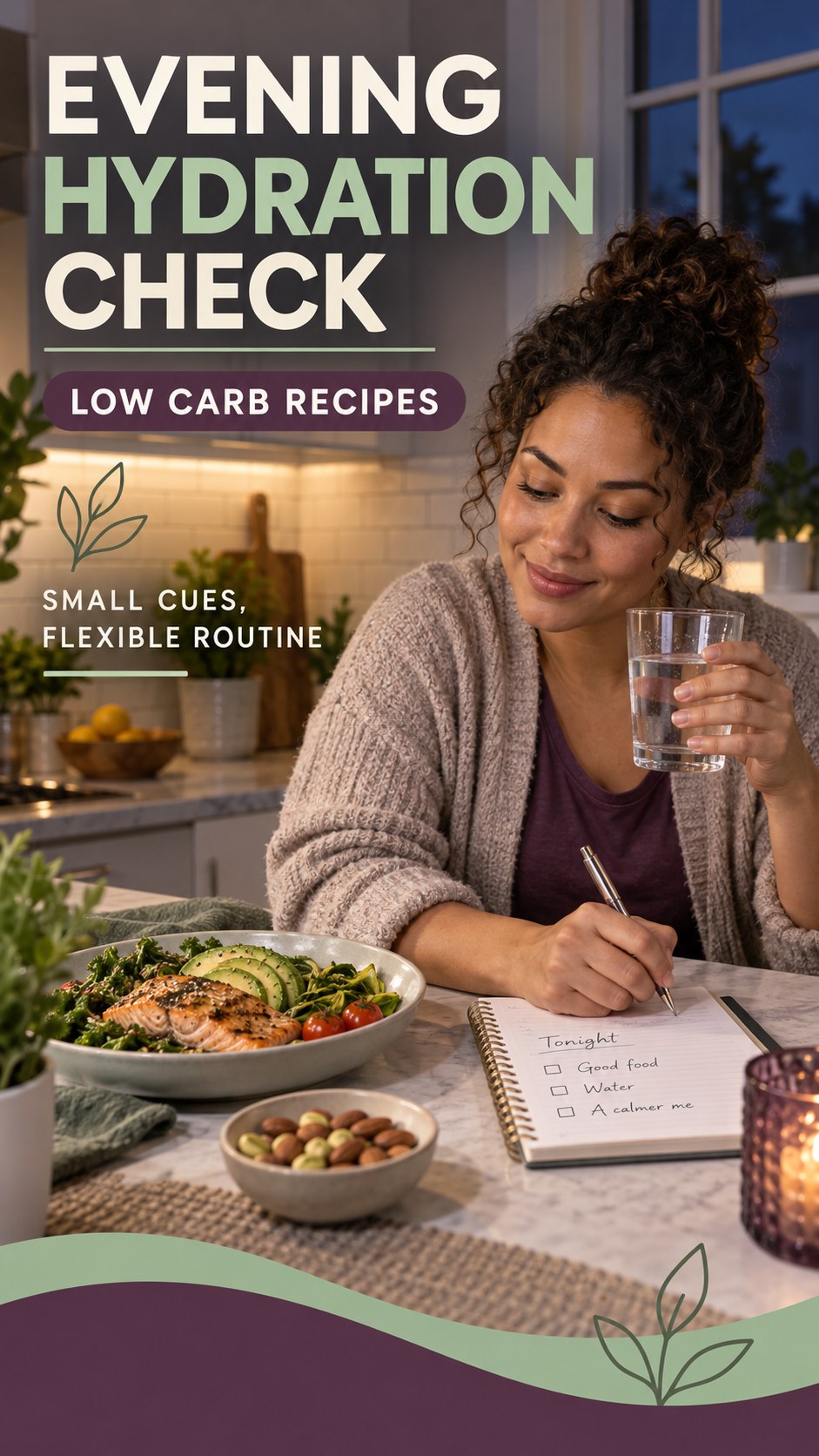 Evening Hydration Awareness infographic for Low Carb Recipes, showing a flexible and calming evening wellness routine.