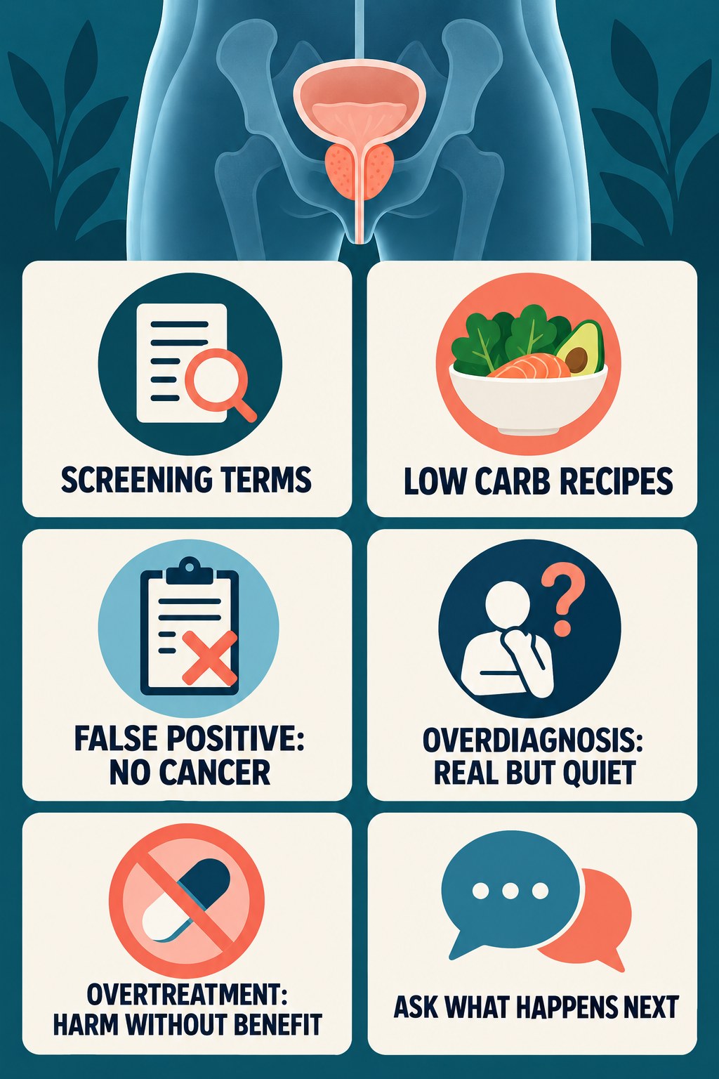 False Positive, Overdiagnosis, and Overtreatment infographic for Low Carb Recipes with four concise prostate-health awareness points.