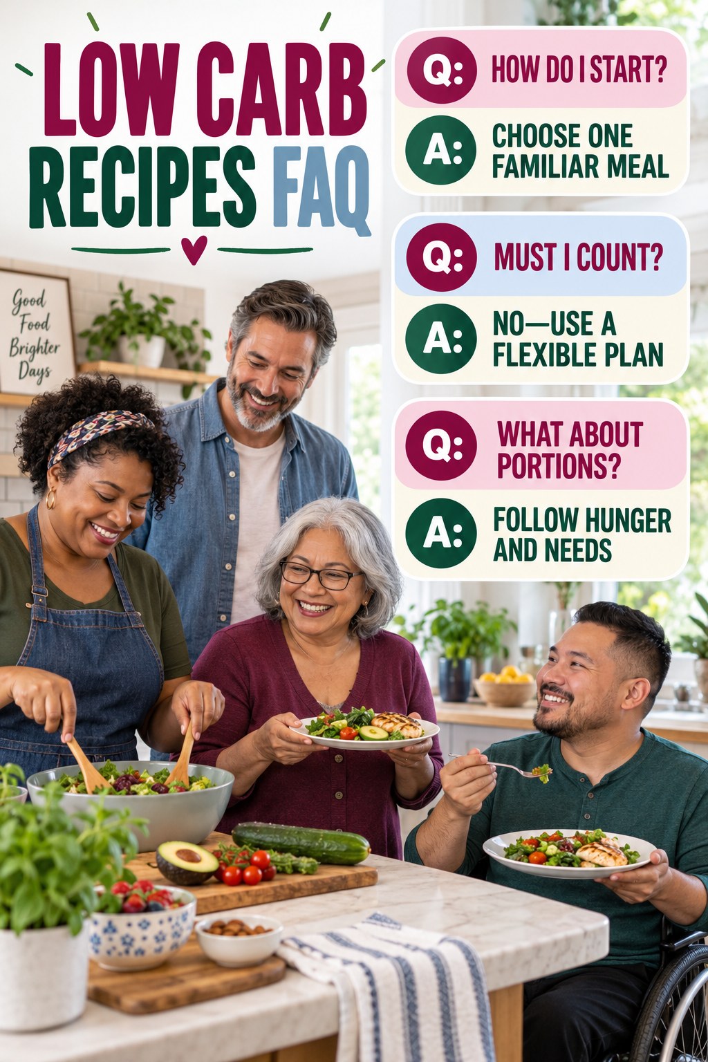Low Carb Recipes FAQ graphic with three concise questions and practical answers for beginners.