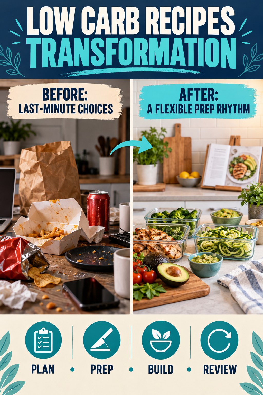 Low Carb Recipes habit transformation graphic comparing last-minute choices with a flexible prep rhythm using four practical steps.