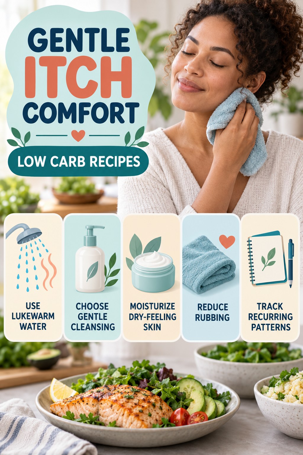 Gentle Everyday Comfort Routine infographic for Low Carb Recipes with five gentle itchy-skin comfort strategies and a non-diagnostic safety focus.