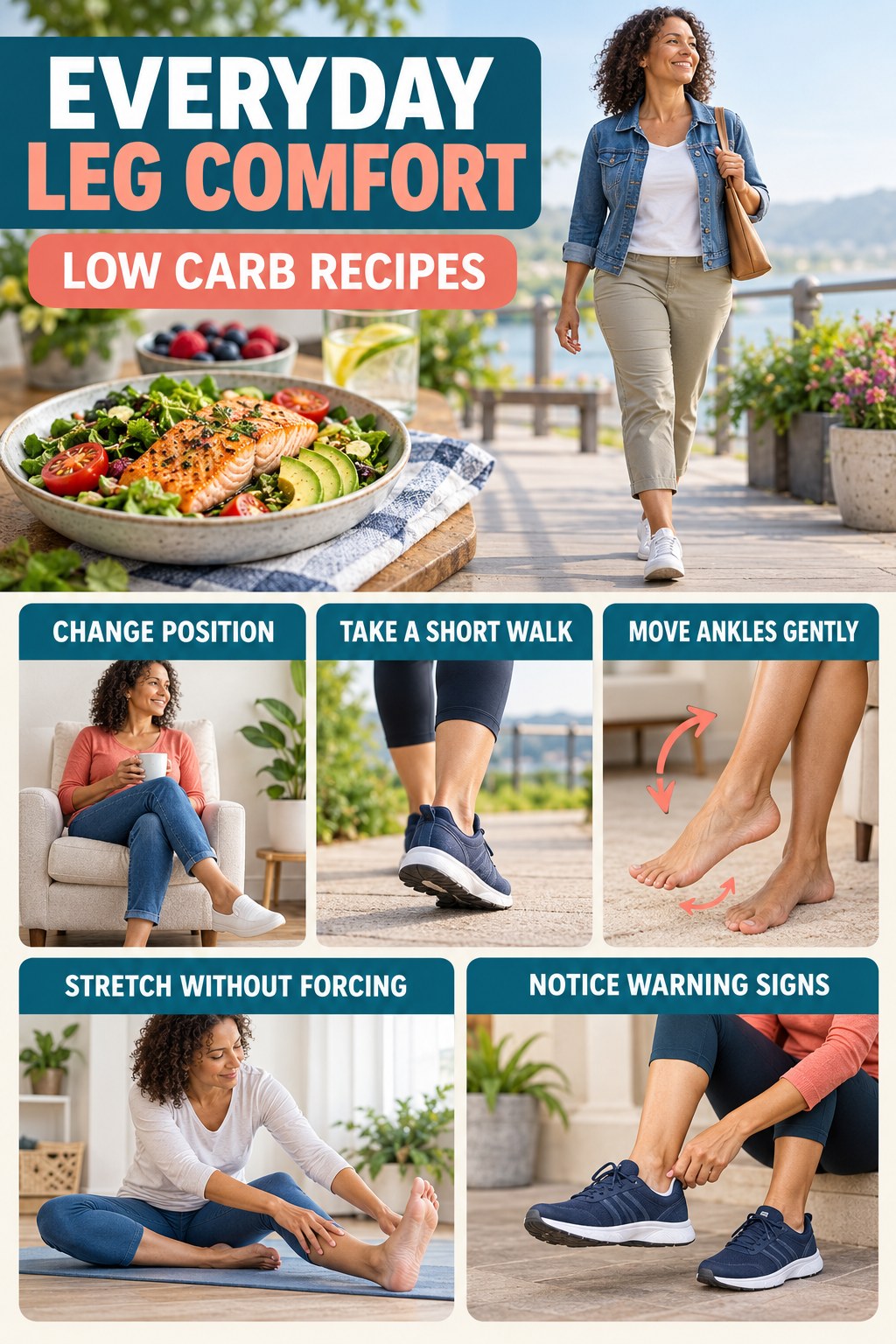 Gentle Everyday Leg Comfort infographic for Low Carb Recipes with five gentle movement, position, footwear, recovery, or safety actions.