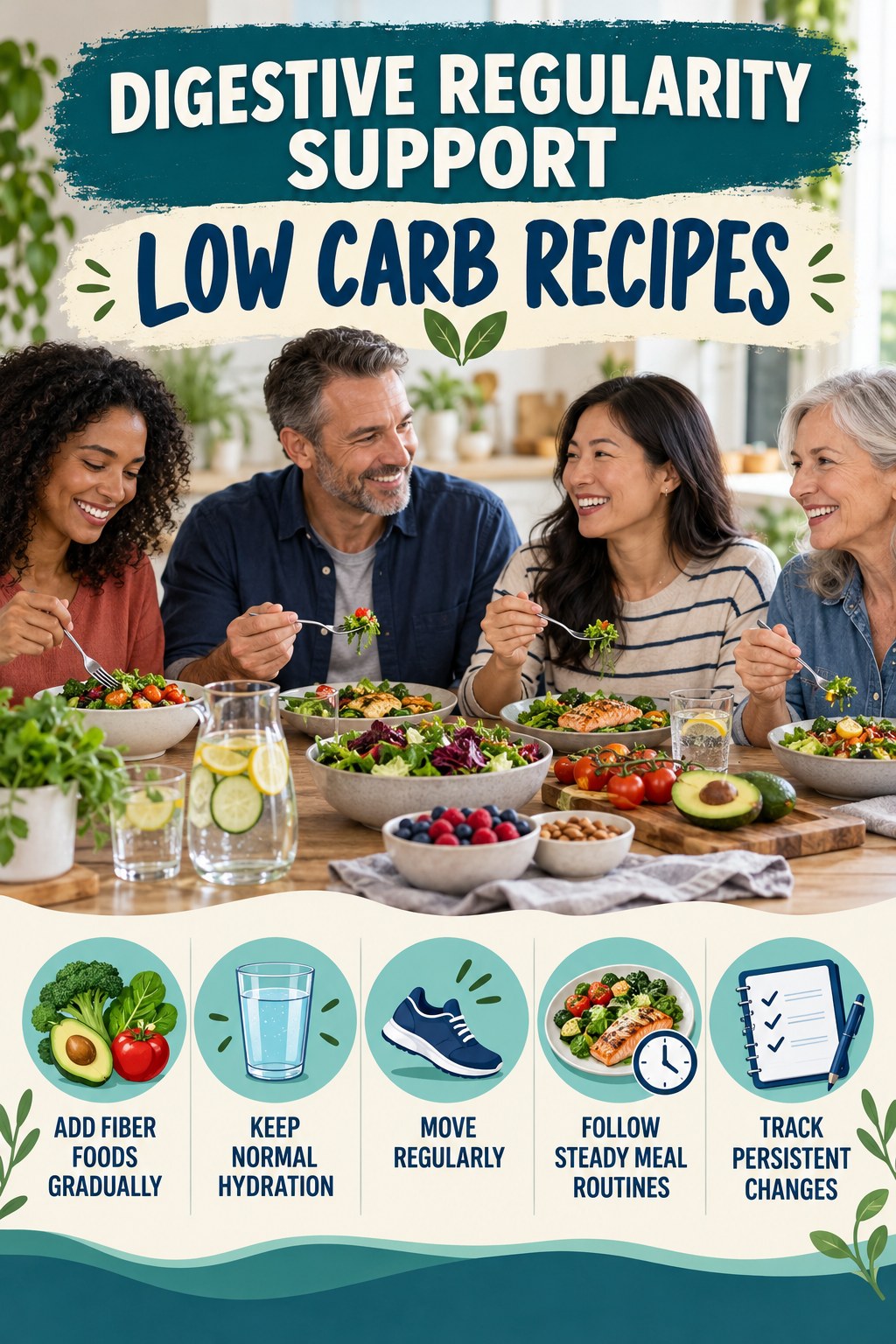 Gentle Everyday Regularity Habits infographic for Low Carb Recipes with five practical food, hydration, movement, or routine actions and no cleanse claims.