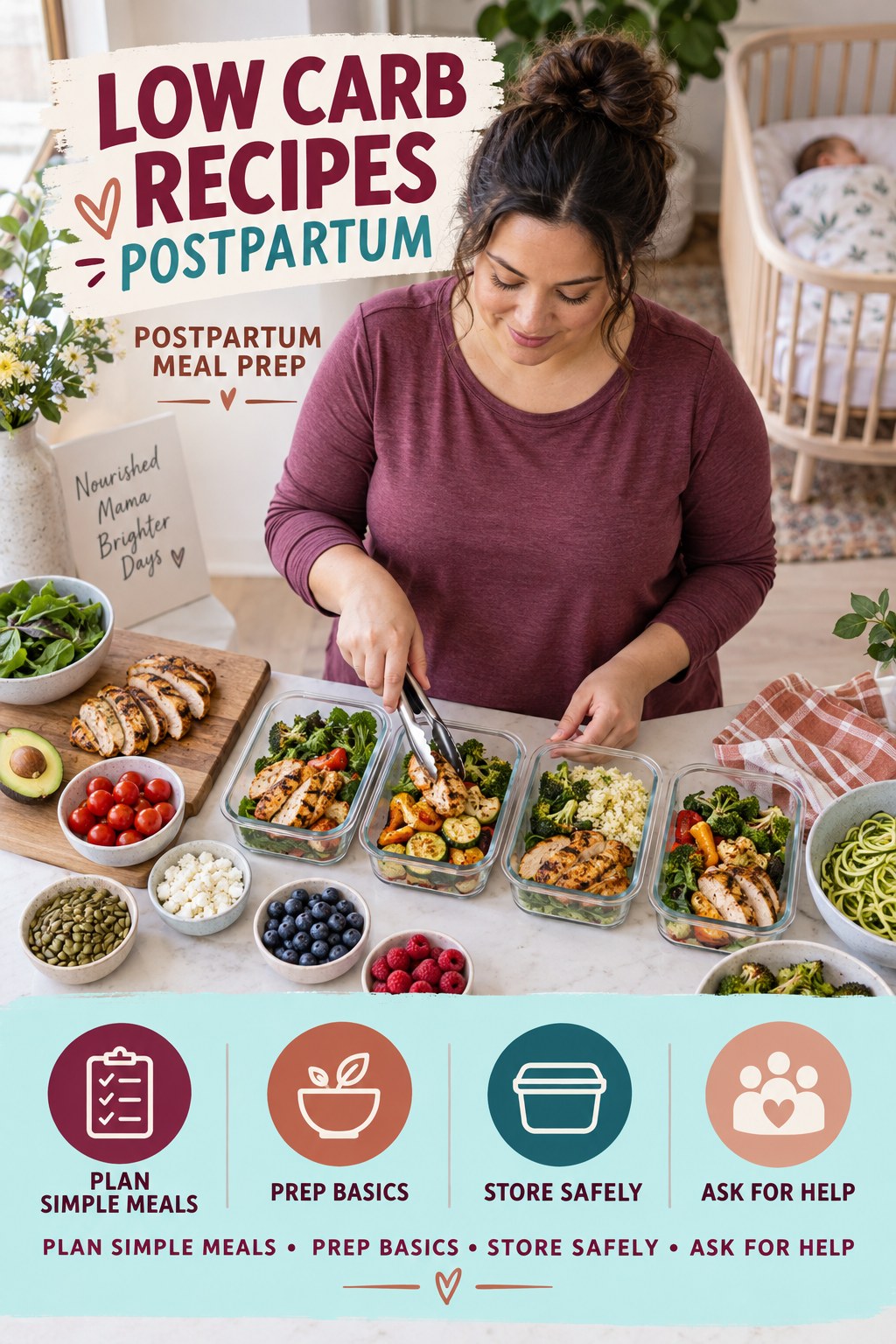 Low Carb Recipes postpartum graphic titled Postpartum Meal Prep with four gradual recovery-aware prompts.