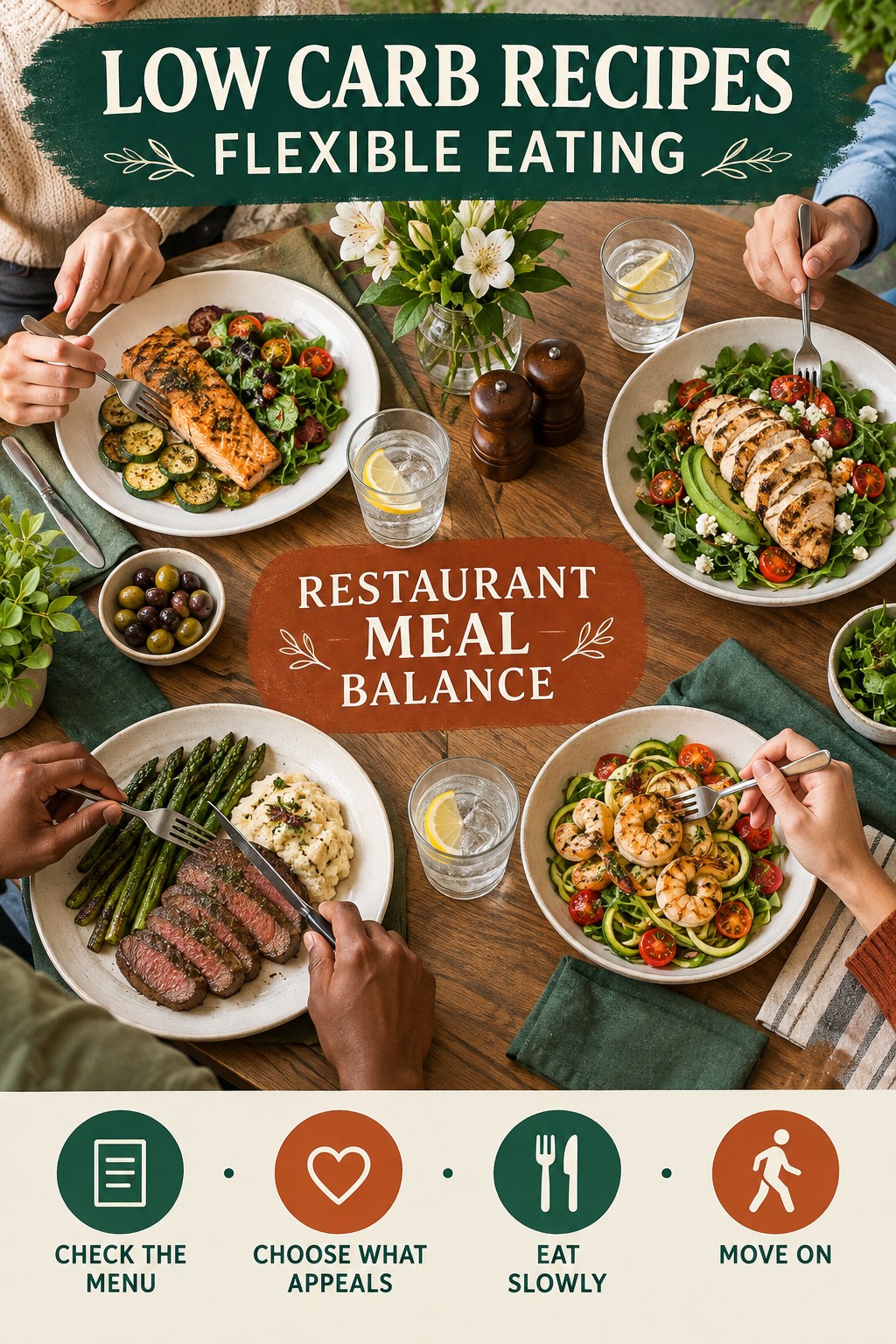 Low Carb Recipes flexible eating graphic titled Restaurant Meal Balance with four practical balance prompts.
