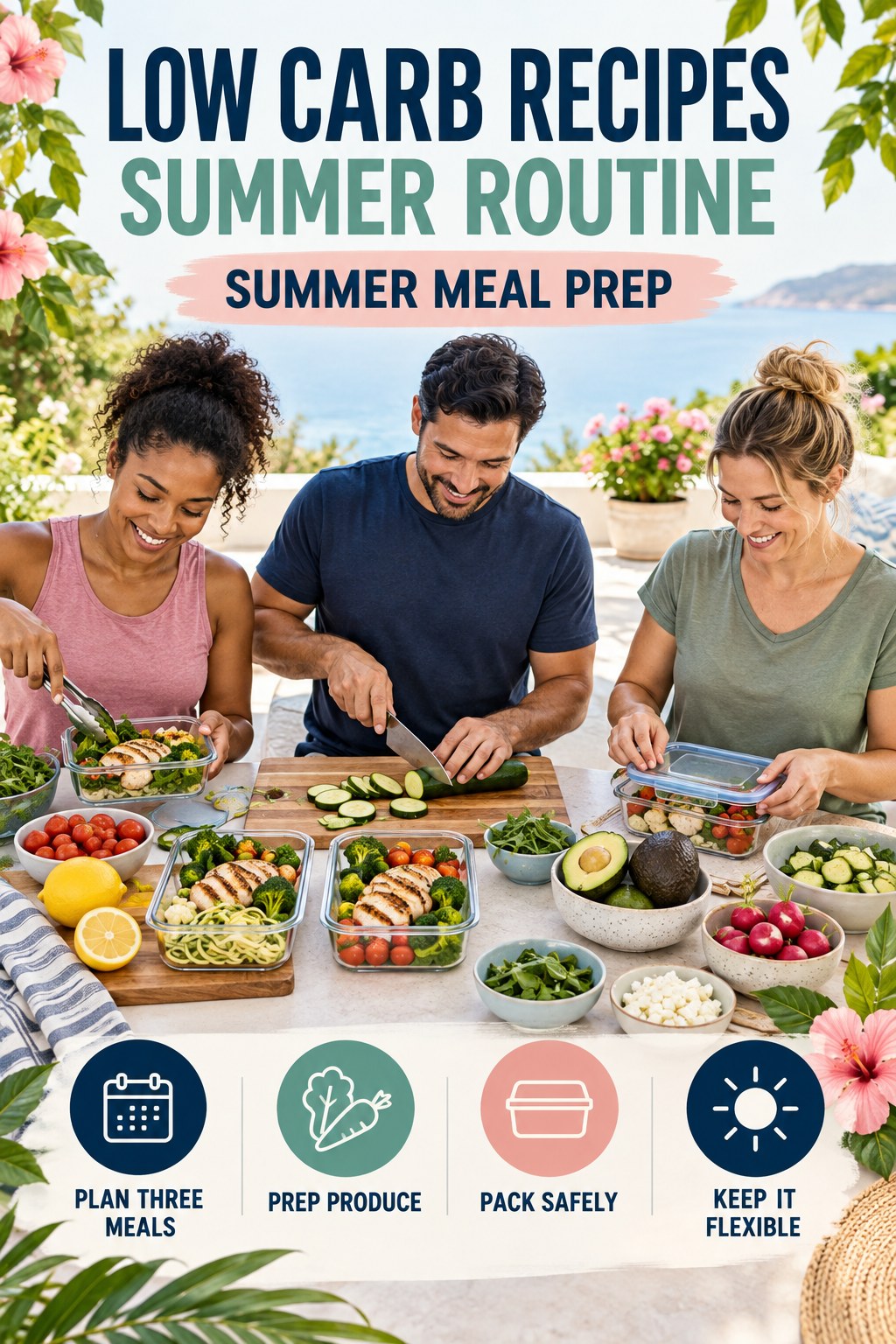Low Carb Recipes summer routine graphic titled Summer Meal Prep with four practical wellness prompts.