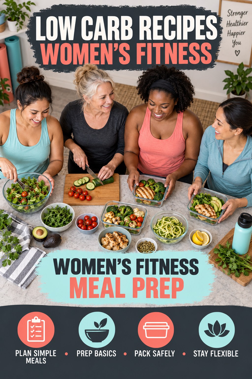 Low Carb Recipes women’s fitness graphic titled Women’s Fitness Meal Prep with four practical training prompts.