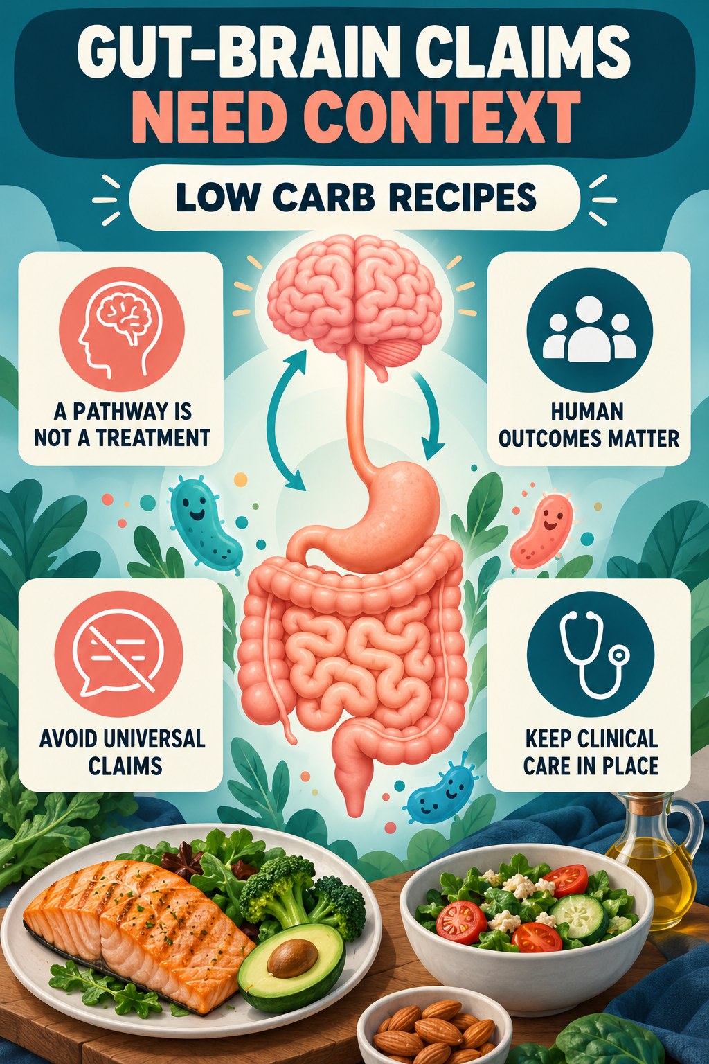 Gut-Brain Claims Need Human Evidence educational infographic for Low Carb Recipes with four evidence-aware points.