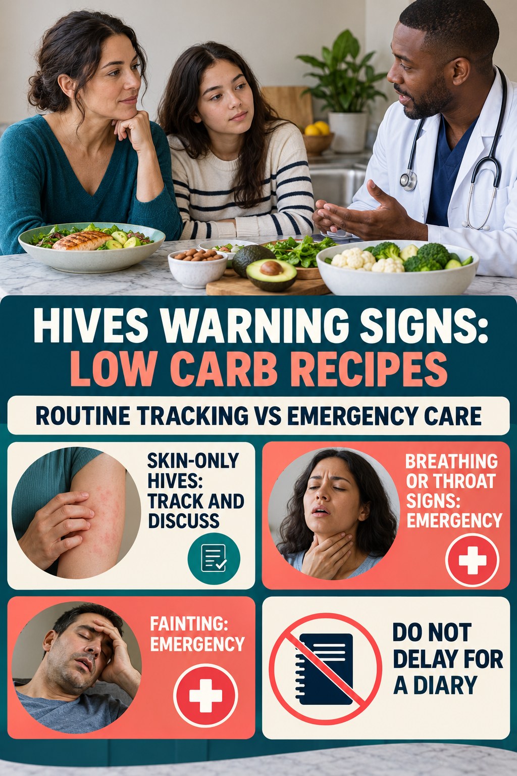 Routine Tracking vs Emergency Care infographic for Low Carb Recipes, highlighting urgent breathing, throat, swelling, fainting, and rapid-progression warning signs without diagnosing hives.