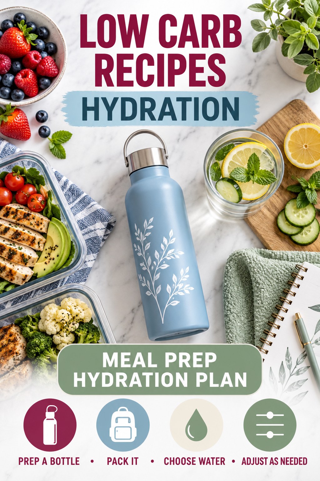 Low Carb Recipes hydration graphic titled Meal Prep Hydration Plan with four flexible water-habit prompts and no fixed intake target.