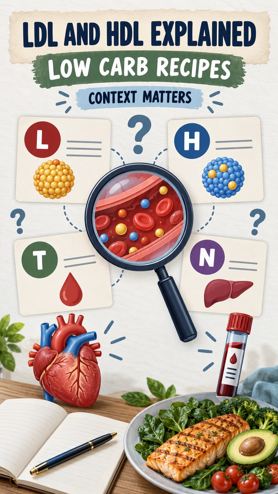 LDL and HDL Context Guide infographic for Low Carb Recipes, using a non-numerical educational lipid-panel layout with question and context icons.