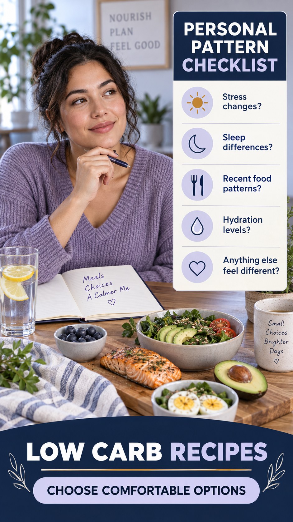 Meal Comfort Awareness infographic for Low Carb Recipes, explaining that possible cold-sore triggers vary by person.