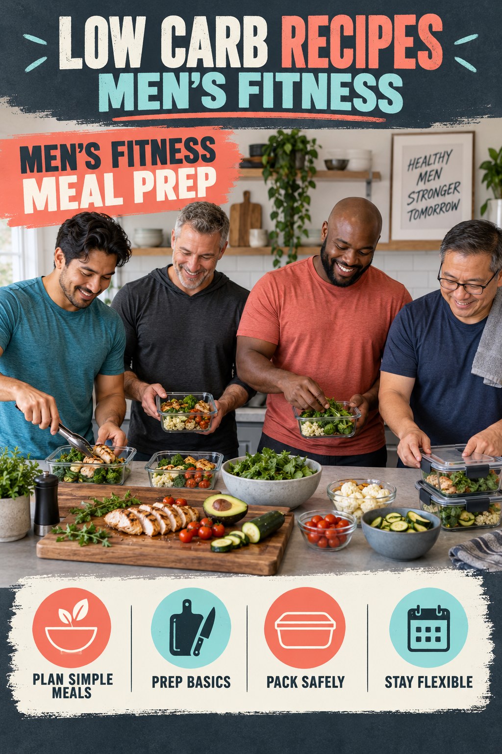 Low Carb Recipes men’s fitness graphic titled Men’s Fitness Meal Prep with four practical training prompts.