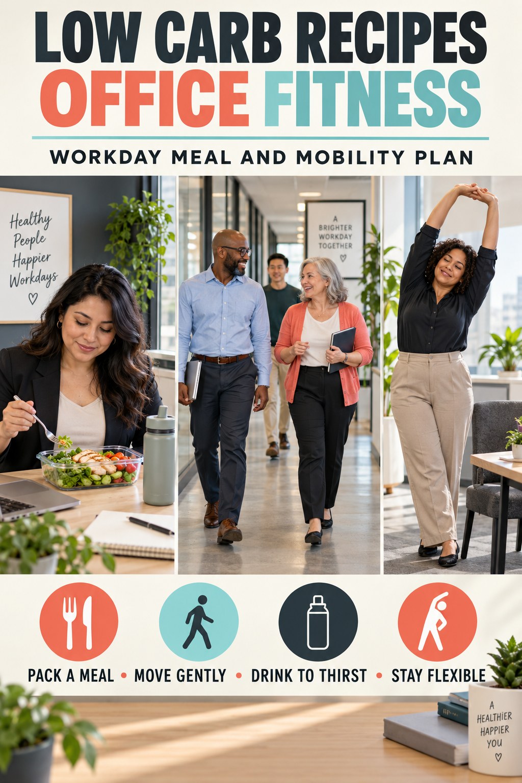 Low Carb Recipes office-fitness graphic titled Workday Meal and Mobility Plan with four practical workday movement prompts.
