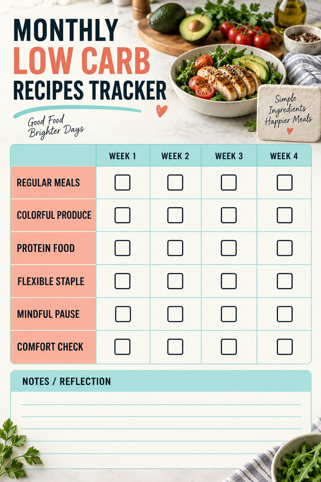 Monthly Low Carb Recipes printable-style tracker graphic with six labeled rows, empty checkboxes, and a reflection area.