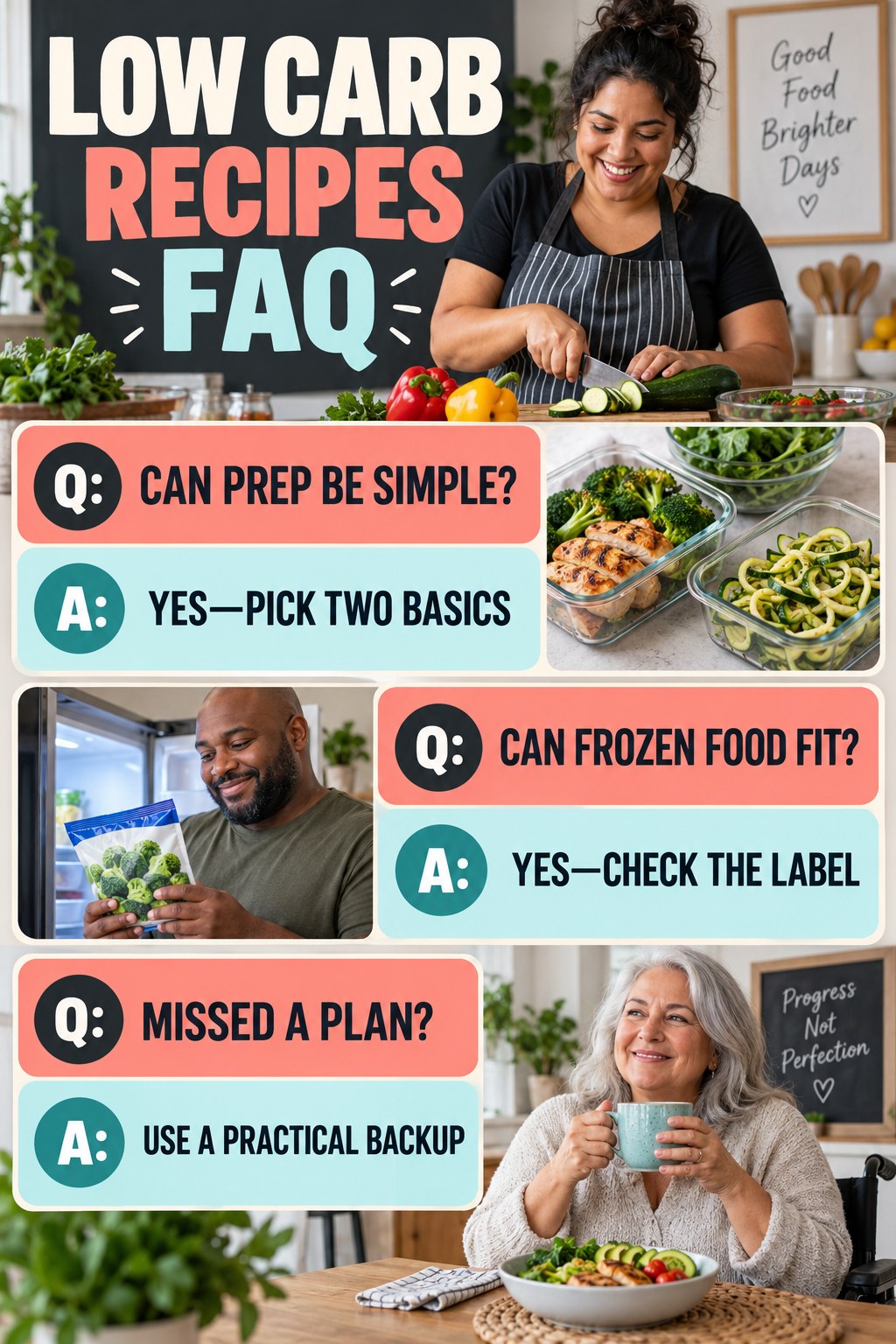 Low Carb Recipes FAQ graphic with three concise questions and practical answers for beginners.