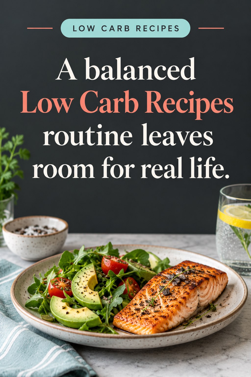 Original Low Carb Recipes quote graphic reading “A balanced Low Carb Recipes routine leaves room for real life.” in a board-relevant editorial design.