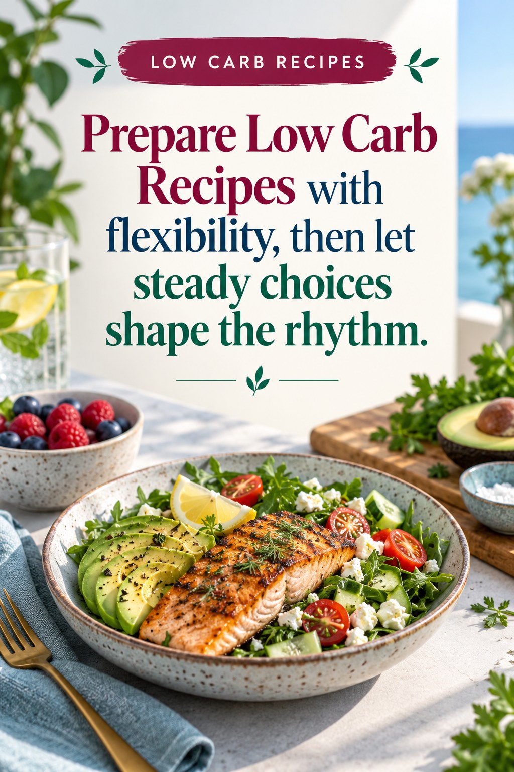 Original Low Carb Recipes quote graphic reading “Prepare Low Carb Recipes with flexibility, then let steady choices shape the rhythm.” in a board-relevant editorial design.