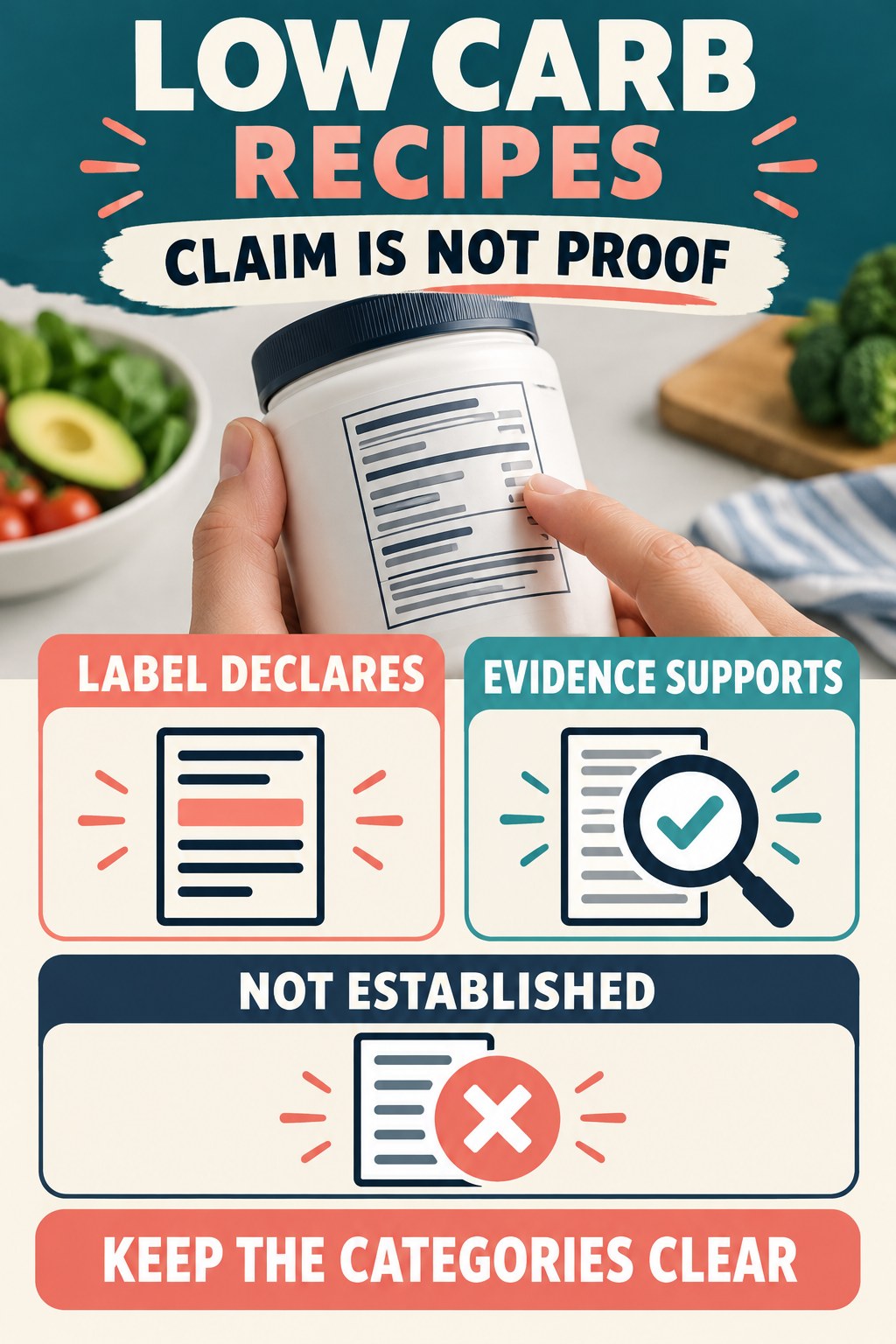 Separate Label Claims From Independent Evidence infographic for Low Carb Recipes with four concise probiotic-label reading points.